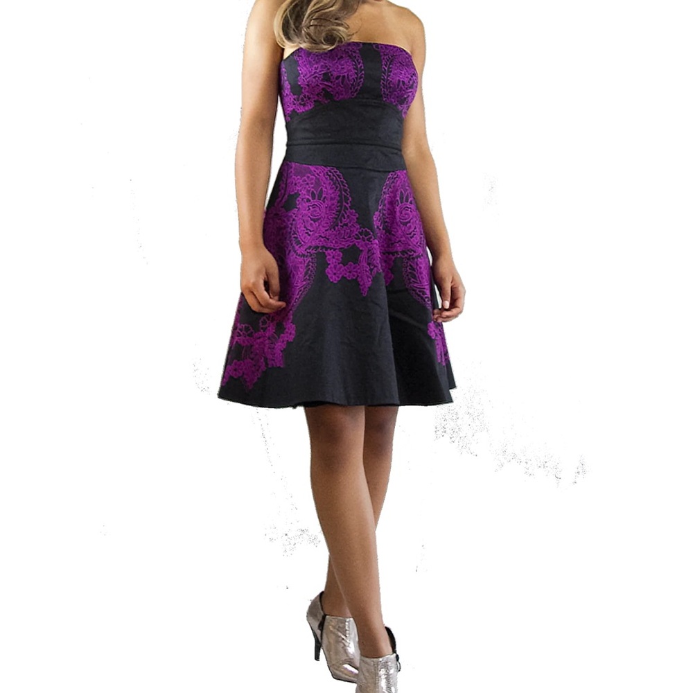 Karen Millen Floral Lace Black Purple Fit & Flair Strapless Cocktail Dress Sz 4